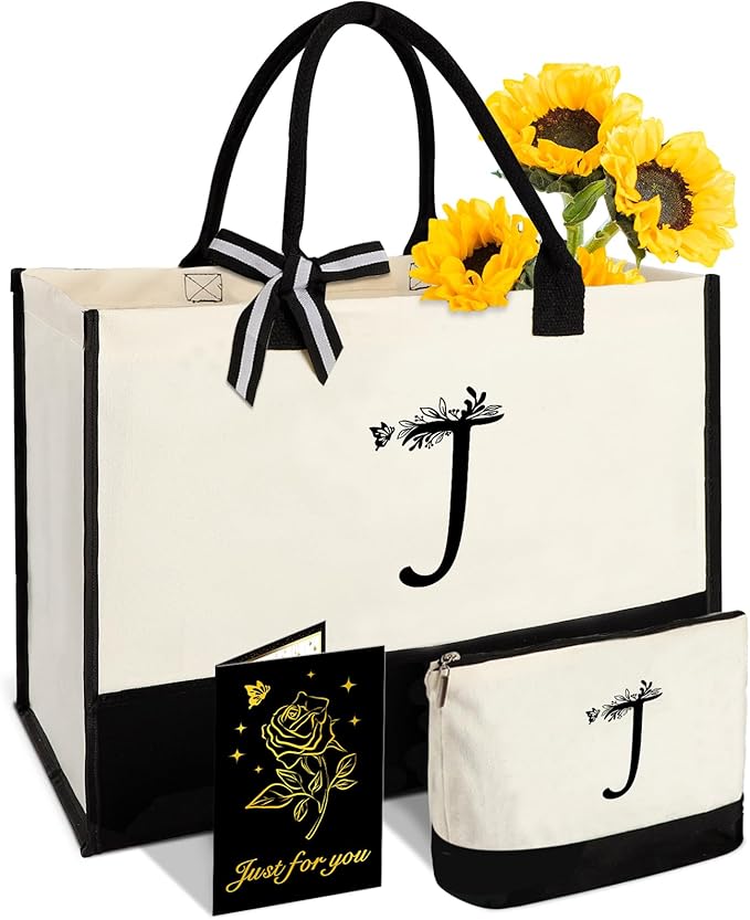 Personalized Gifts for Women - Initial Canvas Tote Bag & Makeup Bag, Custom Bags for Beach, Christmas, Wedding, Birthday, Holiday, Monogram Birthday Gifts for Women, Mom, Wife, Teacher, Friend