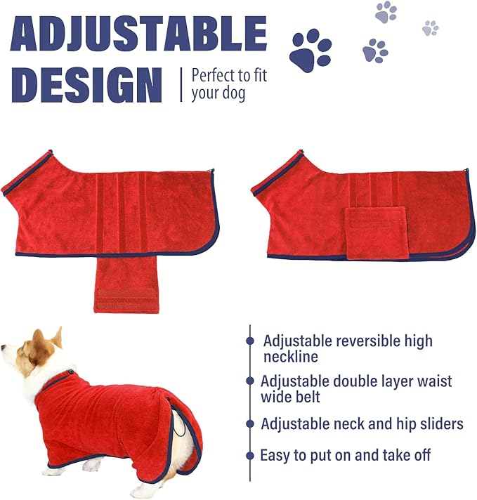 HhiMyOct Dog Drying Coat - Fast Drying Dog Towel Robe - Microfiber Super Absorbent Pet Bathrobe, Adjustable Collar Fast Drying Coat Pet Dog Cat Bath Robe Towel (X-Large, Red)