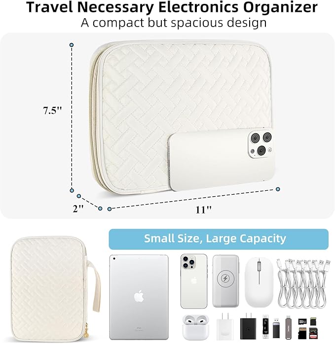 ZFZGFRCS Electronics Organizer Travel Case, Charger Bag Cord Organizer Travel, All-in-One Cable Organizer Bag for Charger, Cords, Phone, Headphones, Flash Drive, SD Card (Beige, Large-Double Layer)
