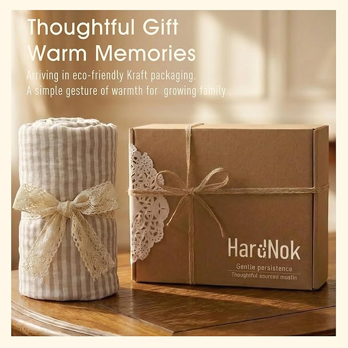 HardNok Ultra Soft Muslin Baby Blanket - Made with Organic Cotton, Gender Neutral Warm Coffee Striped Jacquard, Swaddle & Crib Quilt, 43x43 Inches (Horizon Dune)