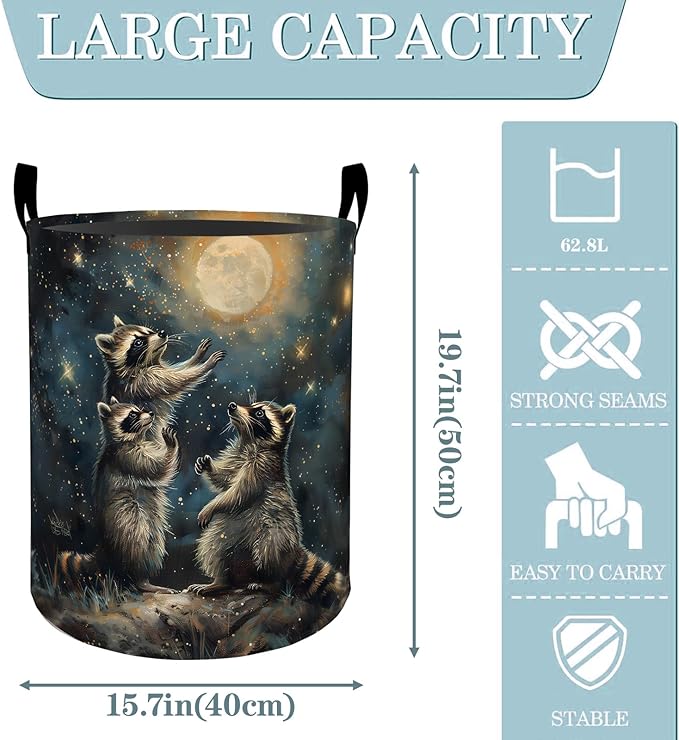 VODRM Raccoon Moon Night Sky Laundry Basket, Dirty Collapsible Clothes Toy Organizer Hamper for Kids Adults, Oxford Cloth Waterproof Storage Bin for Bedroom Bathroom Home Decor Gifts, 19.7"X15.7"