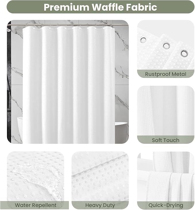 Inhousolu Fabric Shower Curtain Waffle Weave, 230 GSM Heavy Duty, Weighted Hem, 14 Metal Hooks, Water Repellent, Machine Washable, Hotel Spa Luxury Bath Curtain Set, 72 x 96 Inch, White