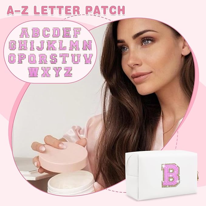 Small Initial Patch Makeup Bag Personalized Gifts Make Up Bag,White Cute PU Leather Glitter Letter Cosmetic Bag with Zipper,Trendy Portable Travel Toiletry Pouch,Preppy Stuff for Teen Girls Women B
