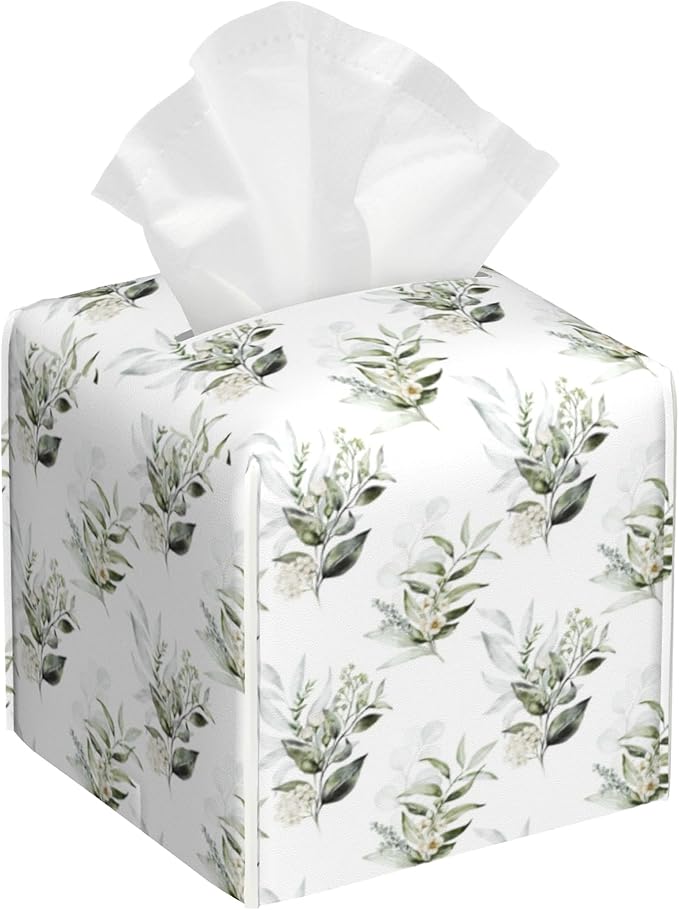 Watercolor Floral Flower Tissue Box Cover,Green Eucalyptus Leaves Waterproof Leather Square Tissue Box Cover Case Facial Paper Organizer Dispenser Box Holder for Home Office Bathroom Vanity Countertop