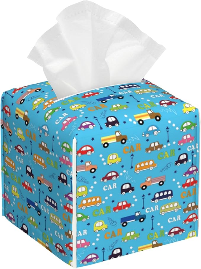 POIUBLE Leather Tissue Box Holder Cartoon Buses, Trucks and Cars Tissue Box Cover Square Waterproof Tissue Holder Organizer Modern Napkin Holder for Bedroom Dresser Night Stand Office Desk