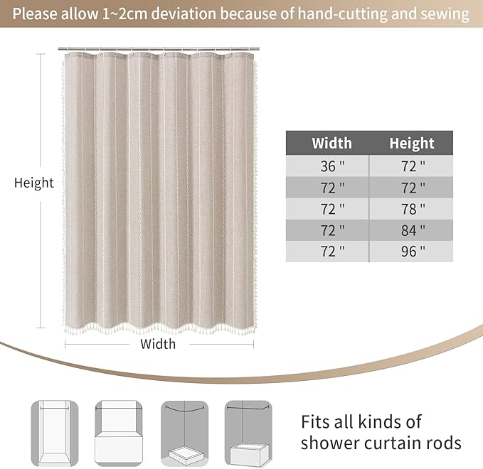 MitoVilla Boho Long Shower Curtain 72 x 78, Farmhouse 78 inch Long Polyester Linen Fabric Shower Curtains with Tassel for Chic Cottagecore French Rustic Bathroom Decor, Tan Brown