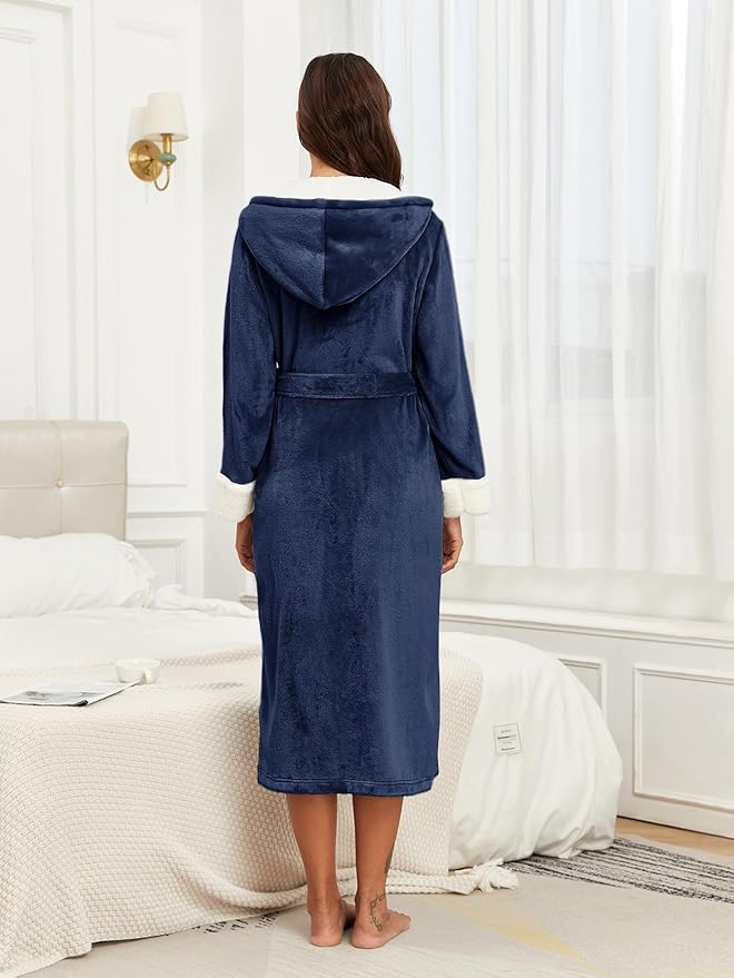 RONGTAI Womens Plush Fleece Hooded Bathrobe, Thick Nightgown Long Robe Sleepwear with Two Side Pockets and Belt