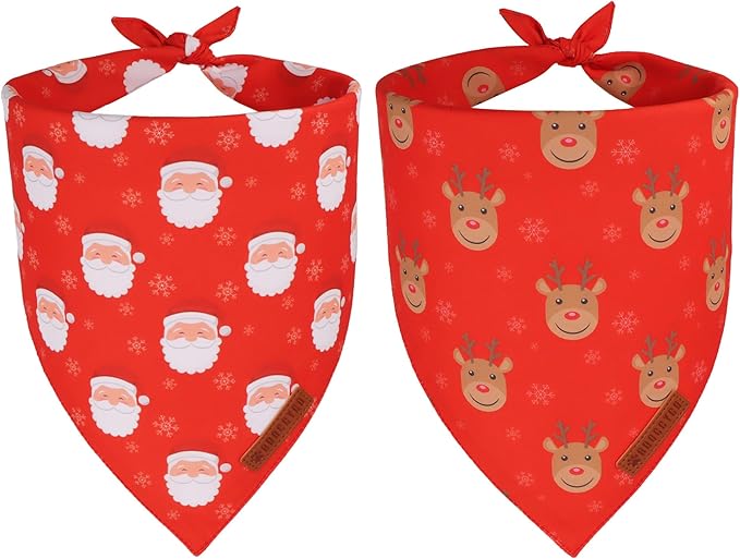ADOGGYGO Red Christmas Dog Bandanas, Santa Reindeer Print Pet Scarf, Premium Durable Fabric, Red Christmas Bandanas for Extra Large Dogs (X-Large)