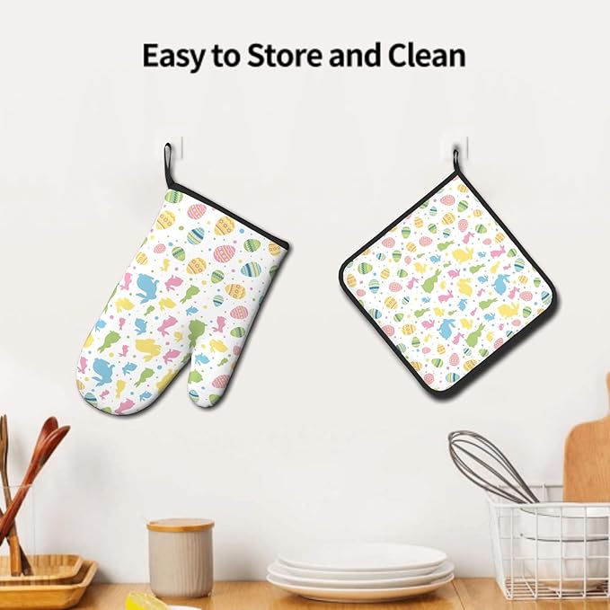 Easter Bunny Oven Mitts and Pot Holders Set of 2,Cute Rabbit Kitchen Baking Accessories Sets,Colorful Eggs Heat Resistant Oven Glove Potholders for Kitchen Cooking BBQ