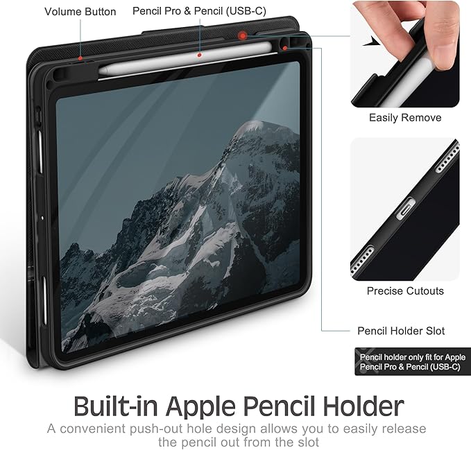 KingBlanc Case for iPad Pro 13-inch (M5 2025, M4 2024) with Built Pencil Holder, PU Leather Smart Stand Cover, Auto Sleep/Wake, Supports Pencil Pro/Pencil (USB-C), Multi-Viewing/Drawing Angles, Black