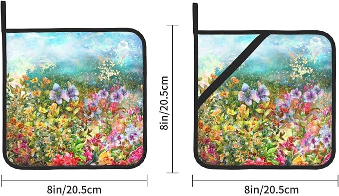 2PCS Fancy Flowers Pot Holders Set for Kitchen, Printed Colorful Potholders with Great Heat Resistance, Hot Pads, Trivets for Cooking and Baking 8x8
