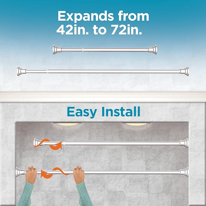 BLACK+DECKER Tension Shower Curtain Rod 42-72 Inch – Drill-Free Adjustable Curtain Rod, Rust-Resistant Stainless Steel Tension Curtain Rod for Shower, Bathroom, Window, Closet – 35 lb Capacity