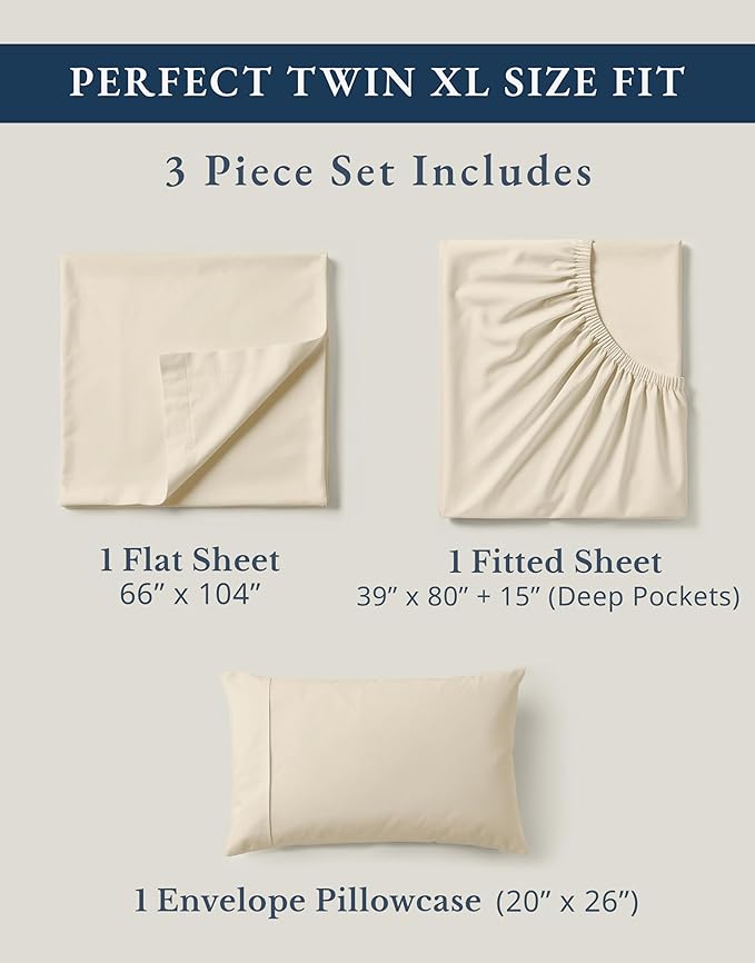 LANE LINEN 100% Organic Cotton Twin XL Sheets Set, 3-Piece Pure Organic Cotton Percale Sheets, Cotton Bedsheets, Ultra Soft Bedding Sheets, Breathable, Fits Mattress Upto 15" Deep - Natural
