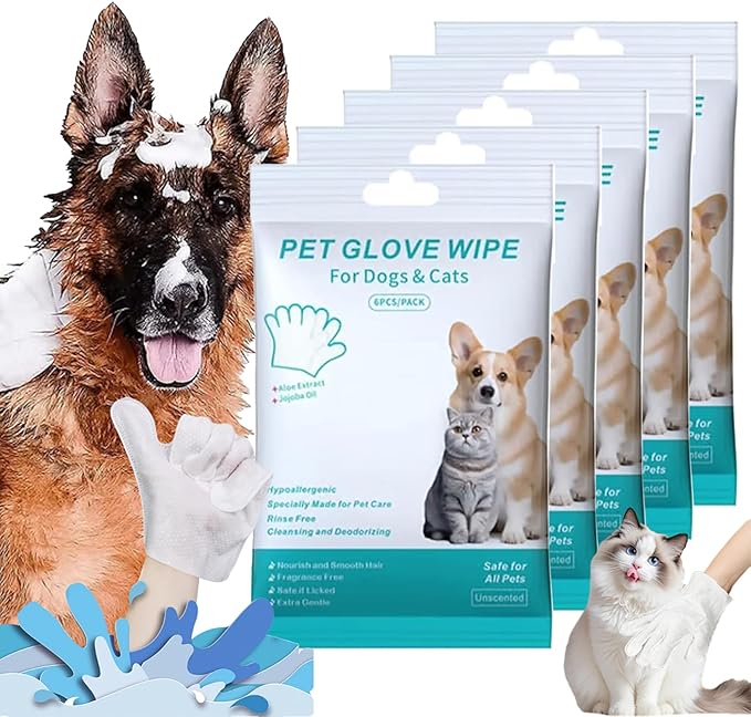 Dog Shampoo Mitts Pet Bath Wipes, Pet Cleaning Deodorizing Glove Wipes for Dogs & Cats,Fragrance-Free, Gentle Grooming Mittens for Sensitive Skin (5Pcs)