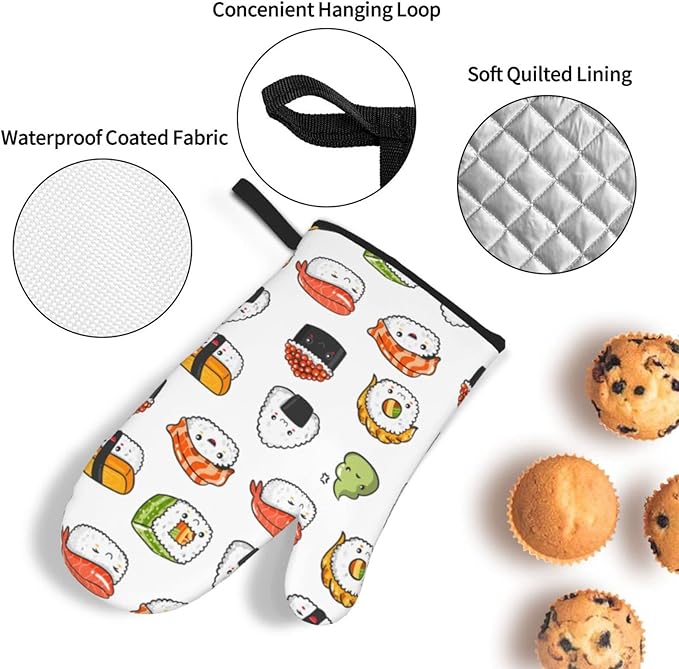 Japanese Kawaii Sushi Oven Mitts and Pot Holders Set of 4, Oven Mittens and Potholders Heat Resistant Gloves for Kitchen Cooking Baking Grilling BBQ