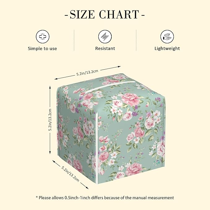 POIUBLE Vintage Floral Tissue Box Cover Pink Rose Leather Tissue Box Holder Square Facial Paper Organizer Dispenser for Bathroom Kitchen Bedroom Vanity Countertop Night Stands