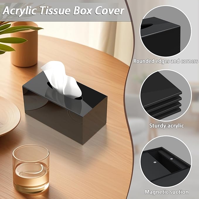 SILUT Tissue Box Cover Rectangular, Extra Large Tissue Box Cover, Plus Size Large Tissue Box Holder, Acrylic Tissue Holder for Bathroom, Home, Restaurant, Kitchen - Shiny Black, 9.85x5.1x5.28''