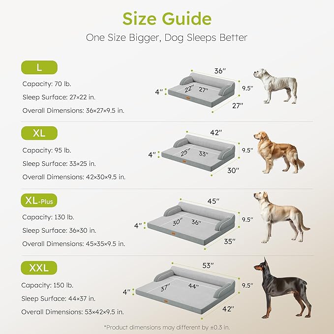 CWAWZ XXL Orthopedic Dog Bed, Big Dog Bed for Large Dogs, Dual-Sided Pet Cooling Beds with Memory Foam Washable Cover Nonslip Bottom, Waterproof Pet Couch with Bolsters, Light Grey