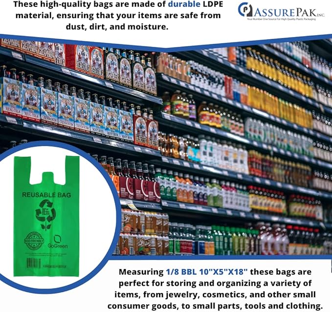 ASSUREPAK Green PP Non Woven Reusable Bags - 200 Bags - 1/8 BBL 10"X5"X18" - 40 GSM - Green -10518GRNPPNWRB40