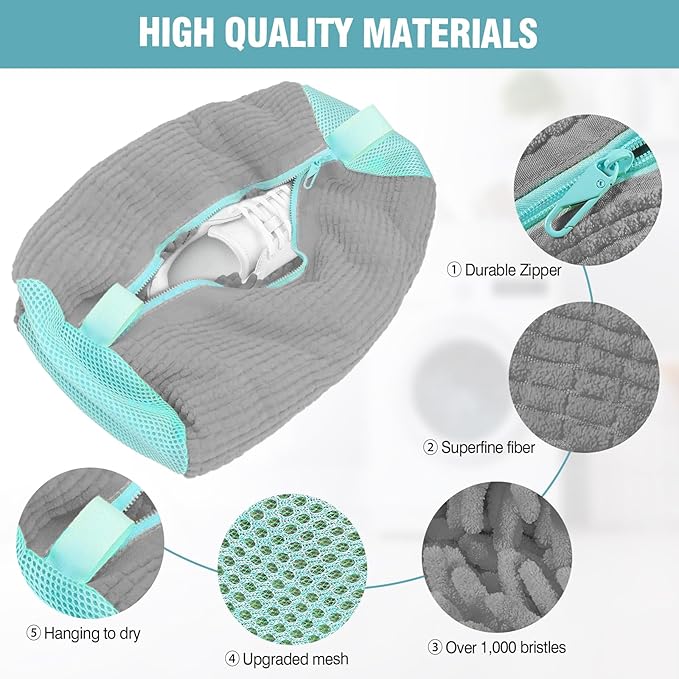 2 Pcs Shoe Washing Machine Bags with 4 Adjustable Shoe Trees, XXL Laundry Bags for Washer and Dryer, Sturdy Zipper with Hook Design, Reusable Cleaning Bag for Sneaker, Tennis (Gray)