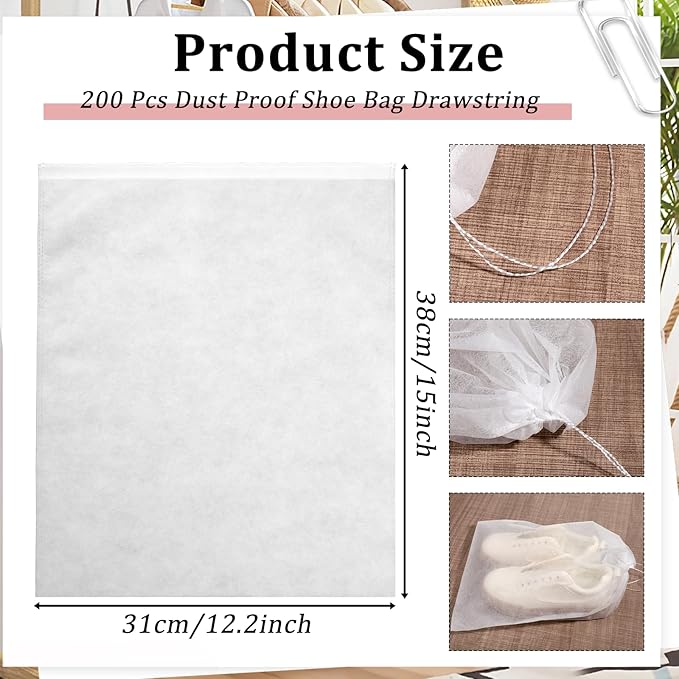 SHENLIU 200 Pcs Dust Proof Shoe Bag Drawstring Dust Bags for Purses Storage Bags for Handbags Non Woven Fabric Handbag Shoe Covers for Packing, Travel, Home Closet Organizer DustCover, 12.2 x 15 Inch