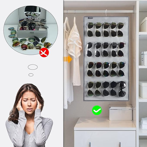ANZORG Dual Sided Hanging Sunglasses Organizer Wall Mounted Glasses Rack Storage Eyeglasses Holder Eyewear Display Case with 40 Slots (40 Slots-Grey)