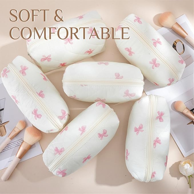 Paterr 6 Pcs Quilted Makeup Bag Bulk for Women Girls Birthday Valentine's Day Bridesmaid Gifts Cute Cotton Cosmetic Pouch Bow Floral Coquette Aesthetic Travel Toiletry Bag(Pink Bow,White)