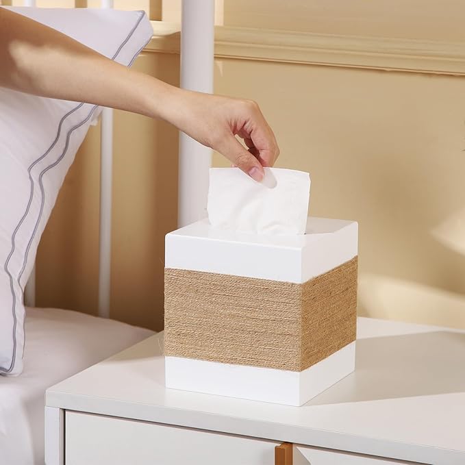 CATORY Tissue Box Cover, Wood Tissue Box Cover Square, Farmhouse Tissue Box Holder Covers Your Tissues, Decorative Tissue Cube Box Cover with Slide-Out Bottom (White)