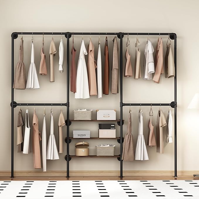 KAILNKISS Industrial Pipe Clothing Rack, Wall Mounted Clothes Rack, Heavy Duty Closet Organizers Wardrobe Multi-Purpose Storage Clothes Hanging Shelf-94.5''L Black
