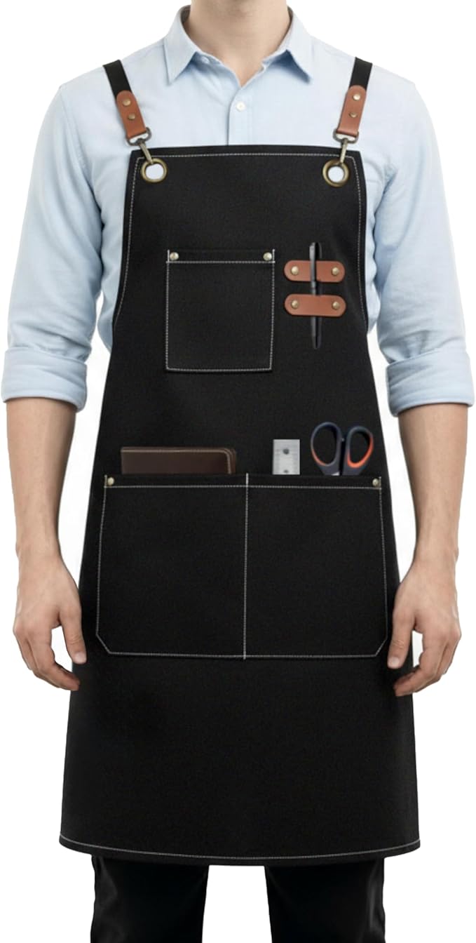 Canvas Work Apron for Men Women with 3 Pockets Heavy Duty Crossback Kitchen Chef Aprons for Cooking Grilling Barista