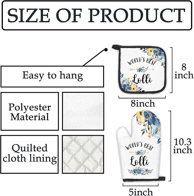 Lolli Gifts Oven Mitts and Pot Holders Sets, Gifts for Lolli from Grandkids Kitchen Decor Accessories Sets, World’s BestLolli Heat Resistant Oven Glove Potholders for Kitchen Cooking Baking BBQ