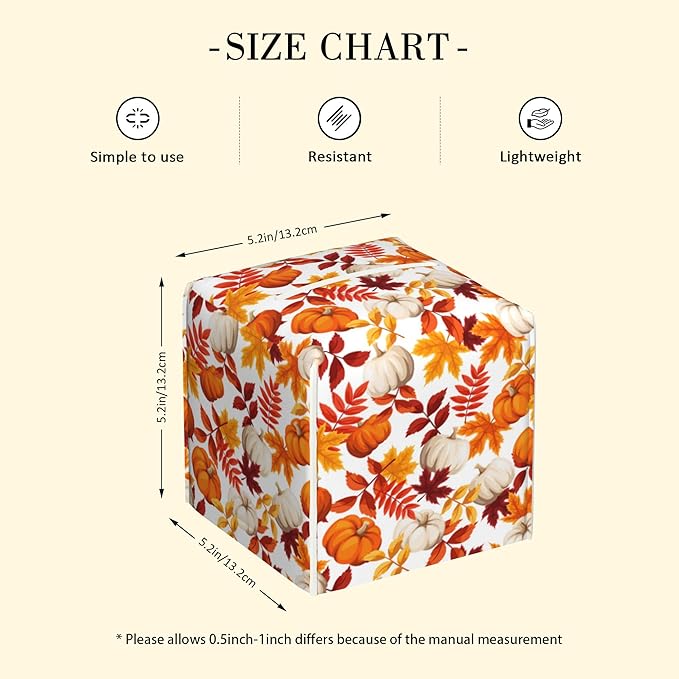 POIUBLE Leather Tissue Box Holder Autumn Pumpkins and Leaves Tissue Box Cover Thanksgiving Square Waterproof Tissue Holder Organizer Modern Napkin Holder for Bedroom Dresser Night Stand Office Desk