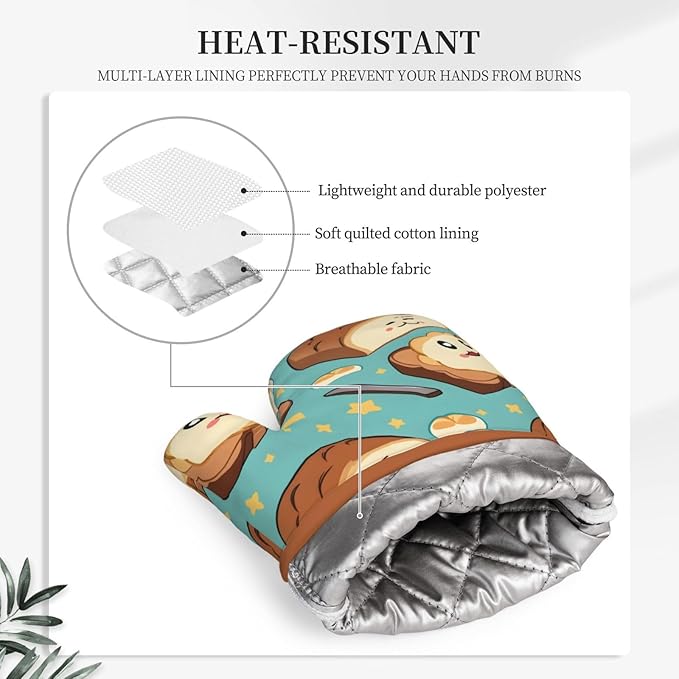 Oven Mitts and Potholders Cute Cartoon Bread Silicone Glove Heat Resistant, Kitchen Gloves for Cooking, 2-Piece Set