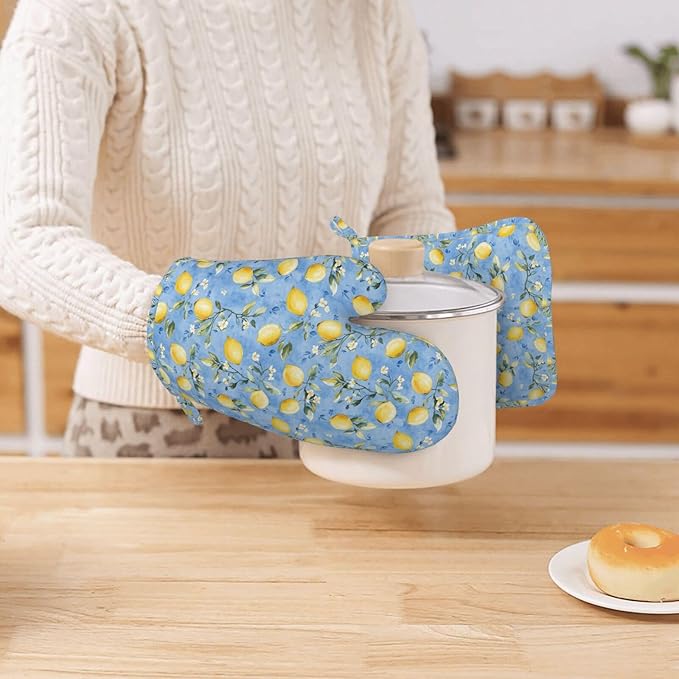 Oven Mitts Pot Holders Set Watercolor Lemon Flower Blue Silicone Kitchen Gloves Potholders Heat Resistant for Chef Baking Cooking Grilling BBQ 4 Pack Mitt