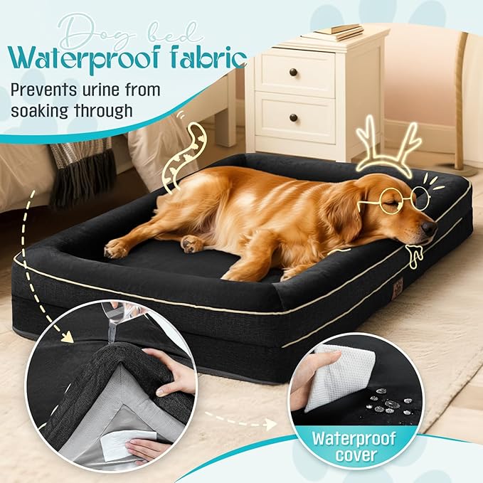 TaiBest Waterproof Memory Foam Dog Beds for Extra Large Dogs Non-Slip Orthopedic Dog Beds Washable Couch Pet Bed with Removable Cover (Black, Large)