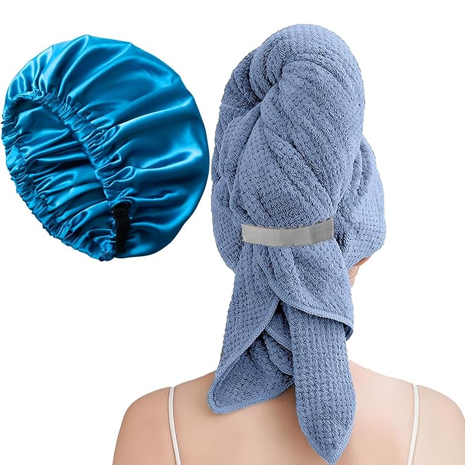 Netcken Large Microfiber Hair Towel Wrap & Satin Bonnet Set for Women, Ultra Absorbent Turban 24x42 Inches & Adjustable Night Cap for Curly Hair, Prevents Frizz & Breakage, Stocking Stuffers