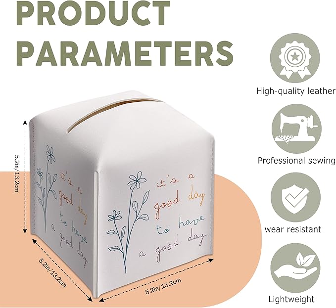 Leather Decorative Tissue Box Holder, Tissue Box Cover Square with Belt Bottom, Positive Inspirational Gift Ideas for Friends, It's A Good Day Decor for Bathroom Office-(5.2 Inches) A27