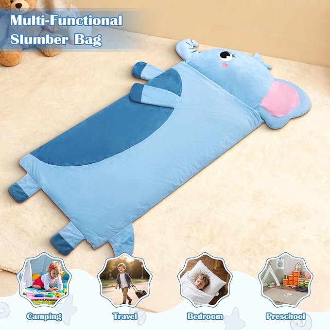 Toddler Nap Mat,Elephant Kids Sleeping Bag 67‘’×27‘’,Extra Large Slumber Bag Thick with Removable Pillow for Girls Boys,Soft Plush Roll Up Sleeping Mat Lightweight for Preschool,Daycare,Travel