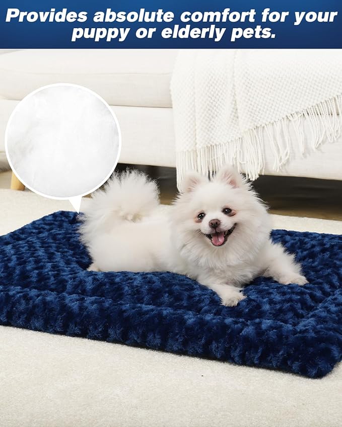 Washable Dog Bed Mat Reversible Dog Crate Pad Soft Fluffy Pet Kennel Beds Dog Sleeping Mattress for Large Jumbo Medium Small Dogs, 35 x 22 Inch, Blue