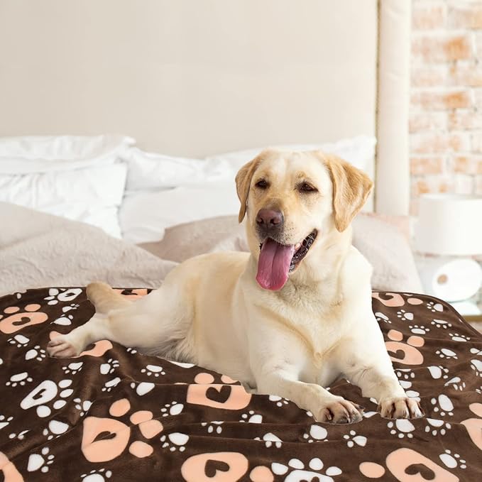 AHOOCUSTOM Dog Blanket, Soft Fleece Dog Blankets for Large Dogs, Fluffy Flannel Pet Cat Puppy Blanket Mat Cover for Bed Couch, Cute Paw Print Throw Blanket for Dogs, Brown 60"X50"
