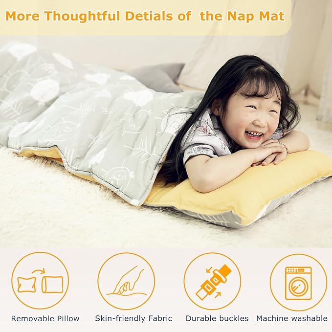 Hi Sprout Toddlers Nap Mat with Removable Pillow and Soft Blanket, Lightweight Daycare Preschool Kindergarten Sleeping Bag, Travel Slumber for Kids Girls Boys
