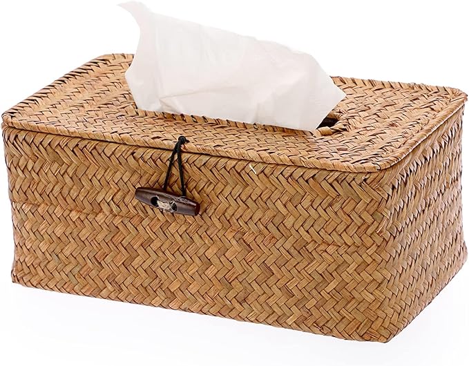 Shonmogar Tissue Box Cover Rectangle Seagrass Tissue Box, Woven Tissue Box Holder with Lid, Farmhouse Style Tissue Cover for Bathroom Toilet Living Room Bedroom Kitchen Table Desk Office Car, Caramel