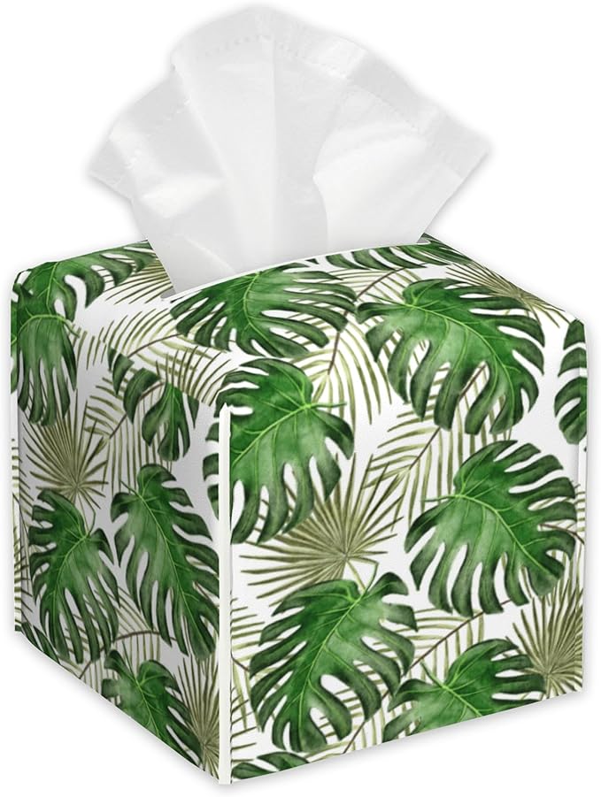Tropical Palm Leaves Tissue Box Holder,Cube Tissue Box Cover Holder,Leather Facial Paper Organizer Dispenser Home for Bedroom Night Stands,Kitchen,Office and Car,5.2"×5.2"×5.2"