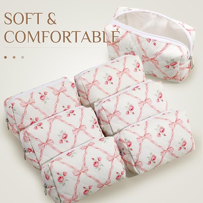 Paterr 6 Pcs Quilted Makeup Bag Bulk for Women Girls Birthday Valentine's Day Bridesmaid Gifts Cute Cotton Cosmetic Pouch Bow Floral Coquette Aesthetic Travel Toiletry Bag(Bowknot Rose,Pink)