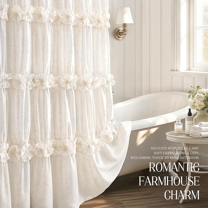 XOGUIBO Ruffle Shower Curtain with Bow Vintage Farmhouse Linen Shower Curtain for Bathroom, Cream, 72" W x 90" H