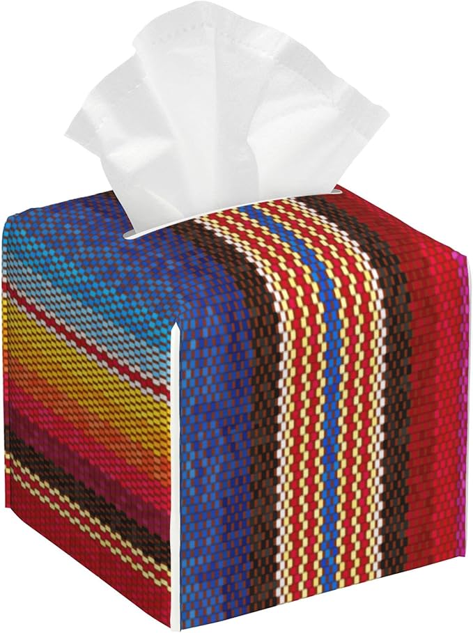 Colorful Stripes Tissue Box Cover,Mexican Stripes PU Leather Tissue Box Holder Square,Modern Home Decoration for Bathroom Living Room Kitchen Office Car,5.2"×5.2"×5.2"