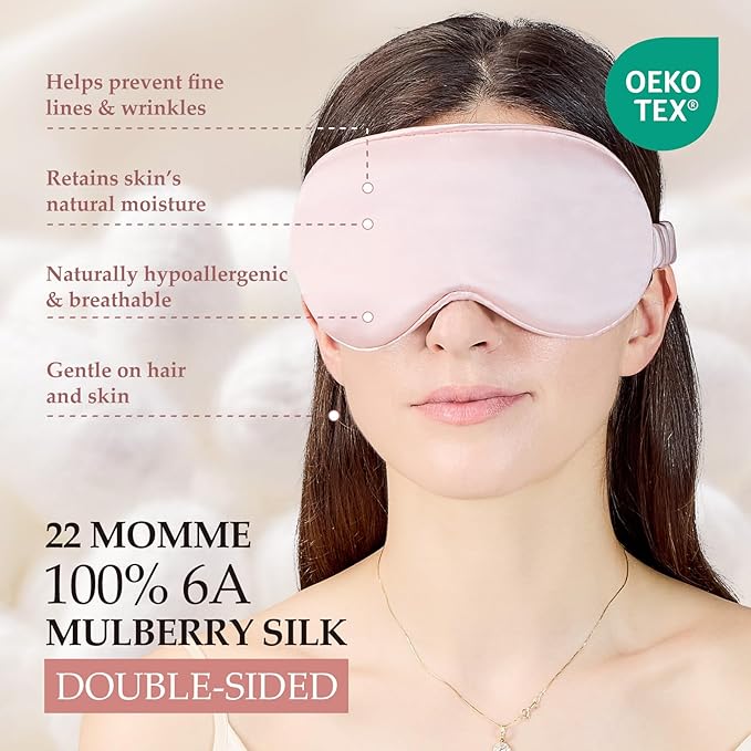 SGMSILK 100% Mulberry Silk Sleep Mask for Unisex, 22 Momme 3D Silk Contoured Eye Mask, Breathable Light Blocking Blindfold with Adjustable Strap, Blackout Eye Cover for Travel, Pink