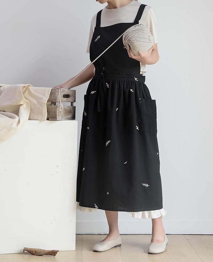 Japanese apron Women-Cross Back Apron for Women with Pockets, Pinafore Aprons, Womens Cotton Linen Apron