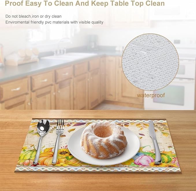 Fall Pumpkin Kitchen Placemats Vintage Rustic Farmhouse Aztec Pumpkins Maple Leaves Sunflowers Harvest Thanksgiving Placemats Table Kitchen Dining Party 12x18 Inch Set of 4
