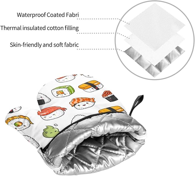 Japanese Kawaii Sushi Oven Mitts and Pot Holders Set of 4, Oven Mittens and Potholders Heat Resistant Gloves for Kitchen Cooking Baking Grilling BBQ